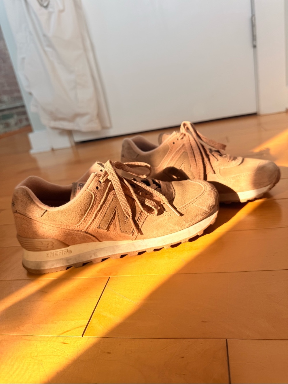 New Balance Women Suede Sneakers 574— Beige/Tan/pink